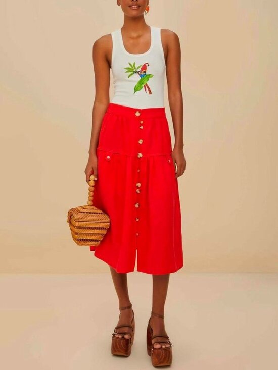 Farm Rio Dresses & Skirts - NWOT Farm Rio Red Mixed Buttons Linen Midi Skirt Elastic Waist Size XL